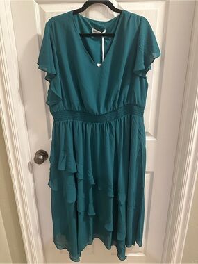 Grace Karin Teal Midi Dress with Ruffle Detail